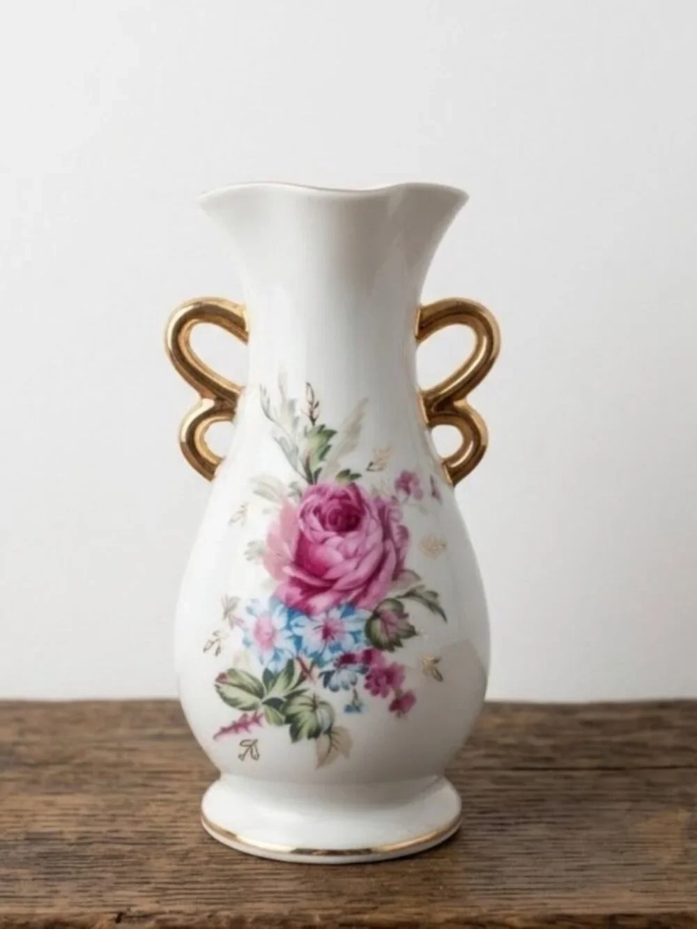 Vintage Japanese Porcelain Vase Pink Rose Floral Gold Trim Scroll Handles 7.25